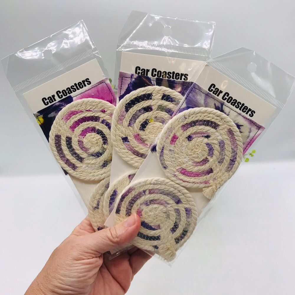 Rope Car Coasters Boho Purple Pansies Cream One Set of 2 For Car Cup Holders